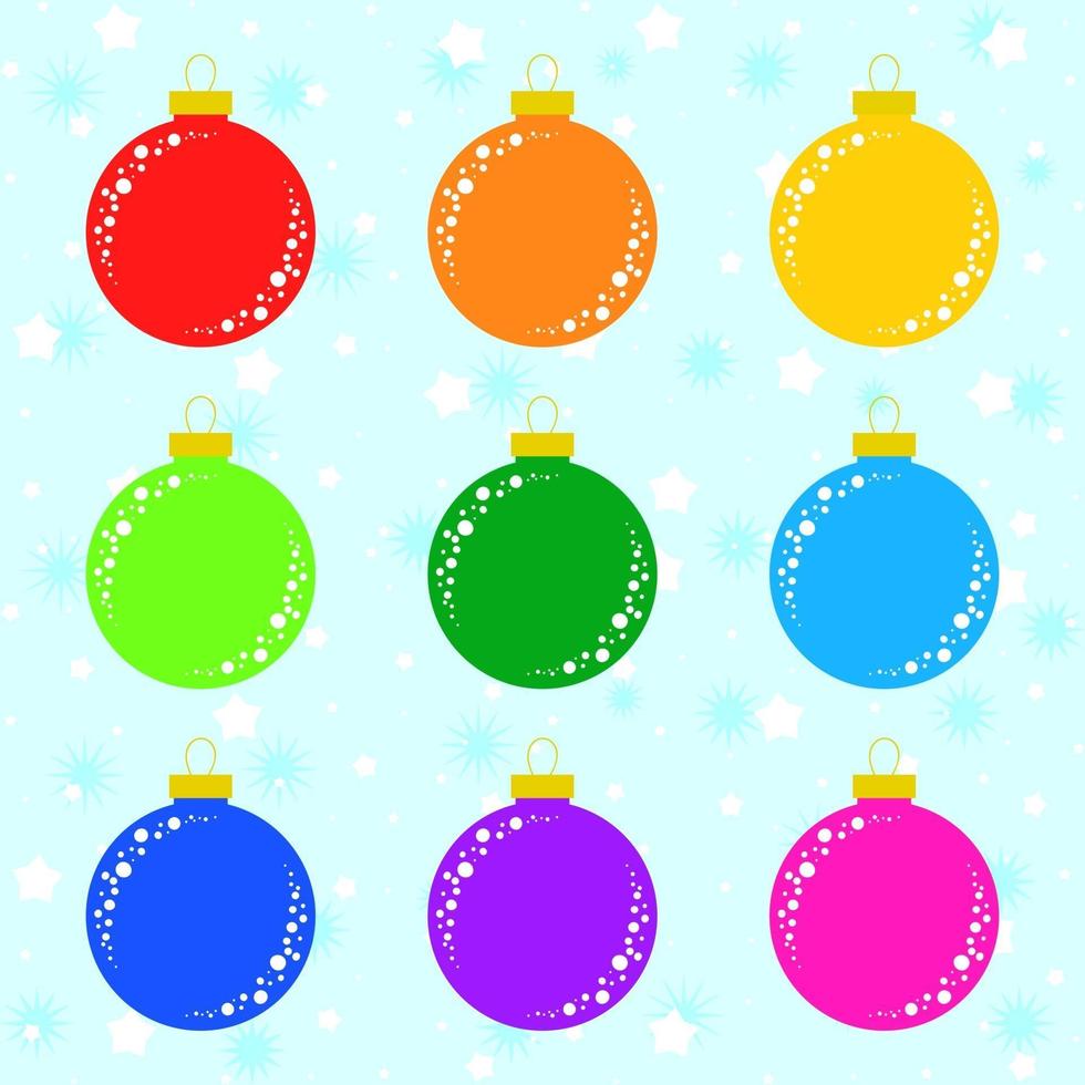 conjunto de juguetes de árbol de Navidad aislados de colores planos. Las bolas de decoración son rojas, naranjas, amarillas, verdes, azules, moradas, rosas. vector