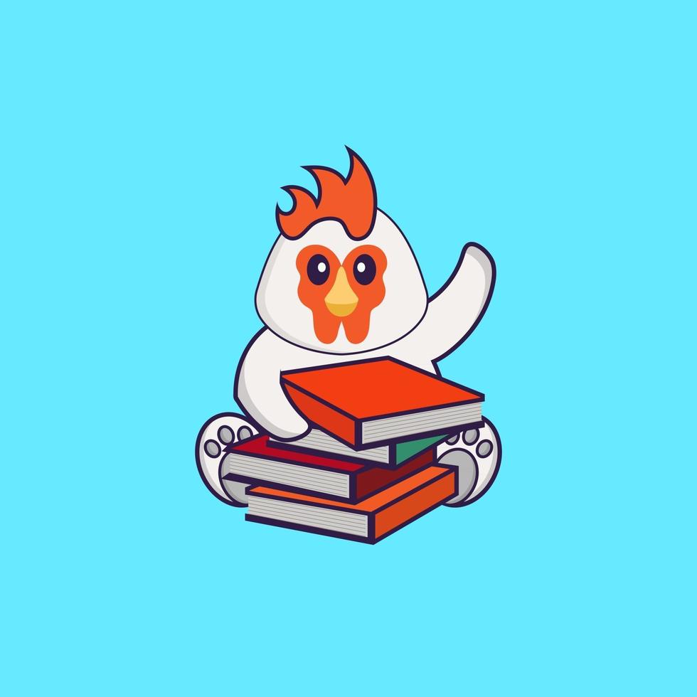 lindo pollo leyendo un libro. aislado concepto de dibujos animados de animales. Puede utilizarse para camiseta, tarjeta de felicitación, tarjeta de invitación o mascota. estilo de dibujos animados plana vector