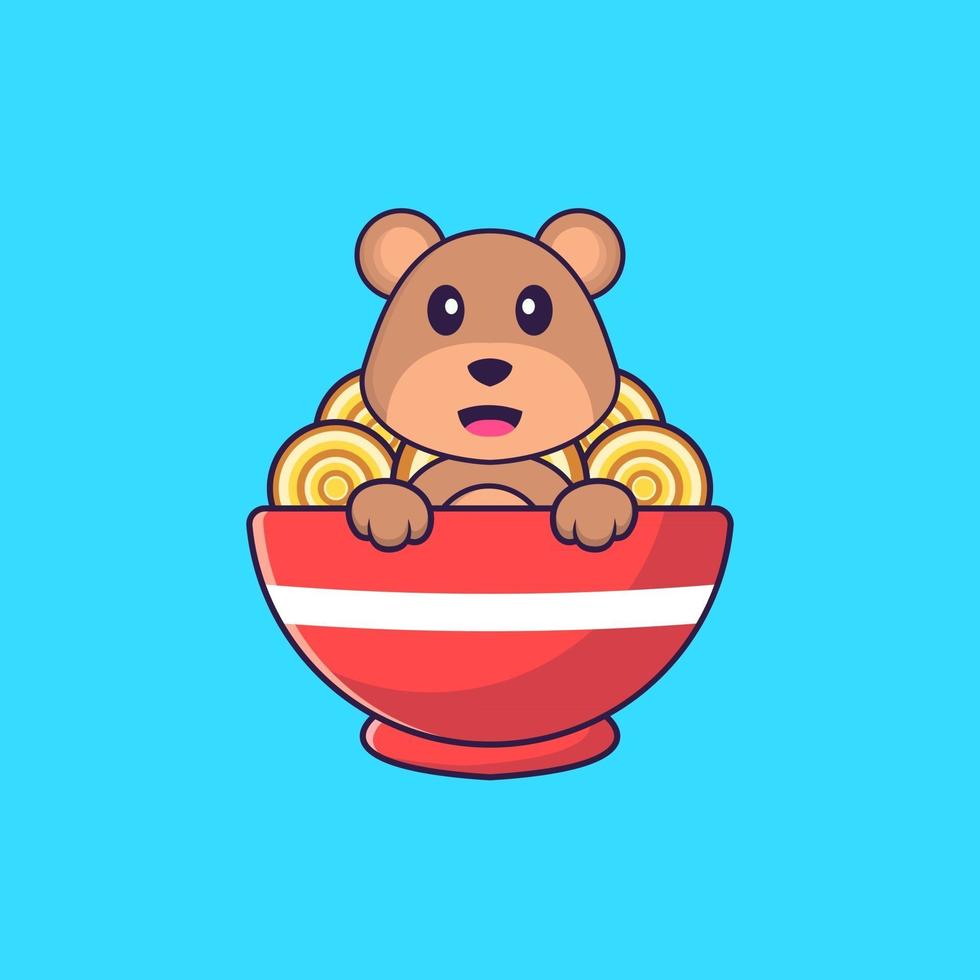 Cute bear eating ramen noodles. Animal cartoon concept isolated. Can used for t-shirt, greeting card, invitation card or mascot. Flat Cartoon Style vector