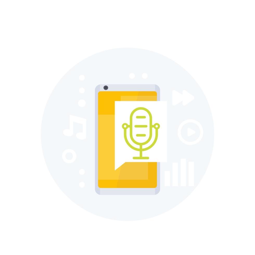 Podcast, audio app vector icon with mike and smartphone