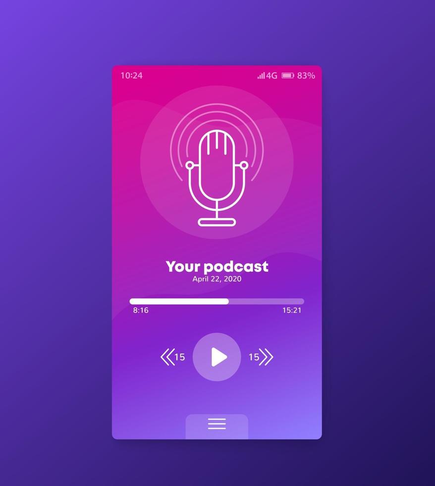 Podcast app, mobile ui vector design