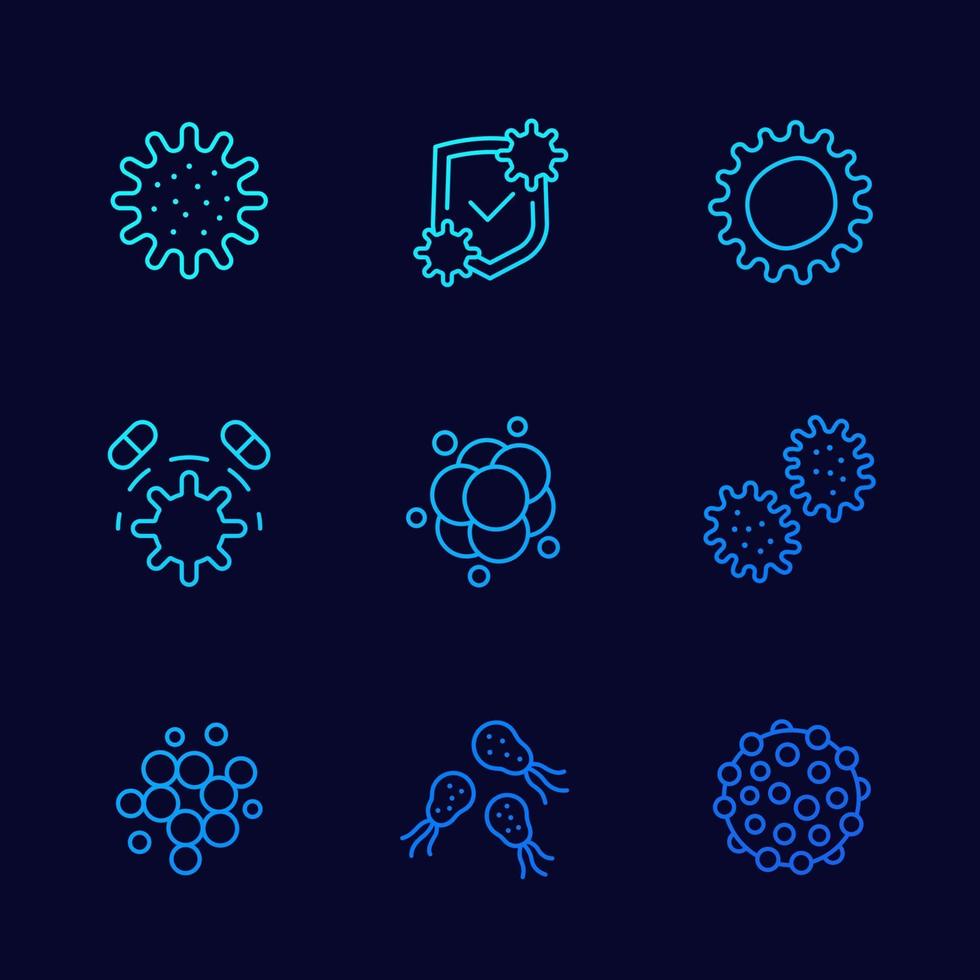 microbes, viruses and bacteria icons, line vector set