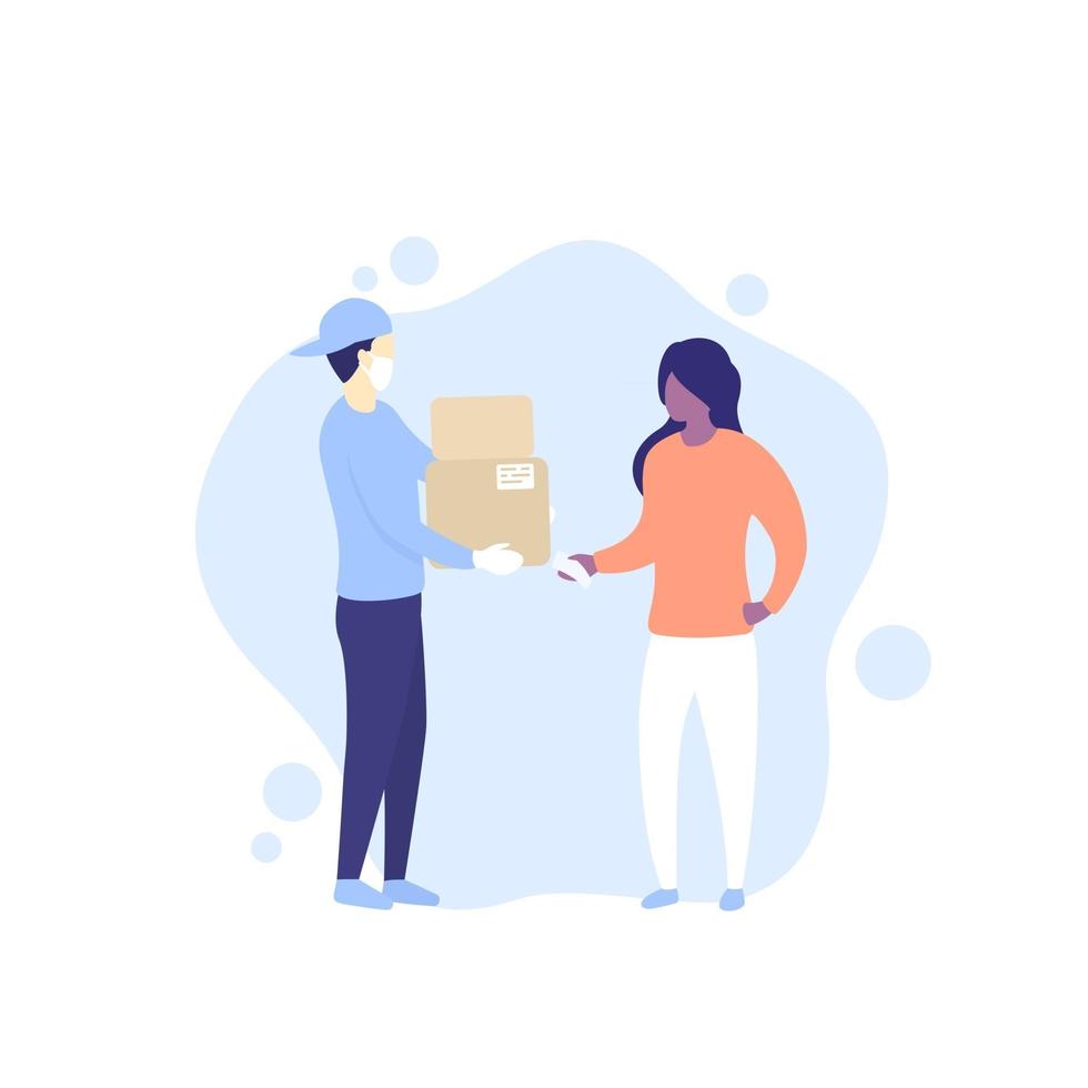 delivery, courier in mask holding boxes and a client vector