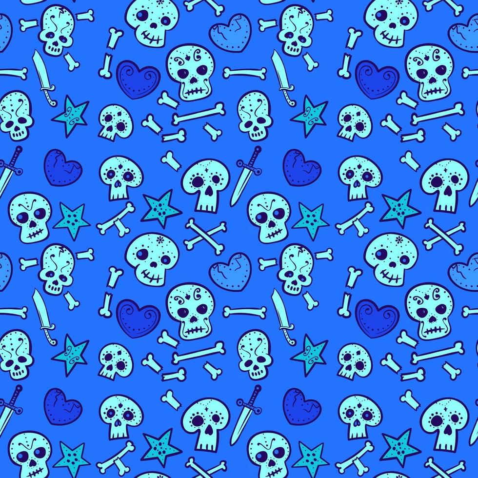 pattern with skulls and hearts, bones and daggers seamless background vector
