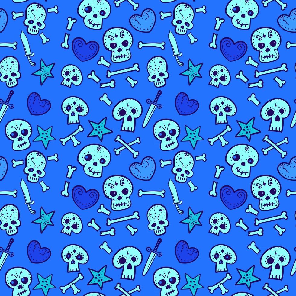 pattern with skulls and hearts, bones and daggers seamless background vector