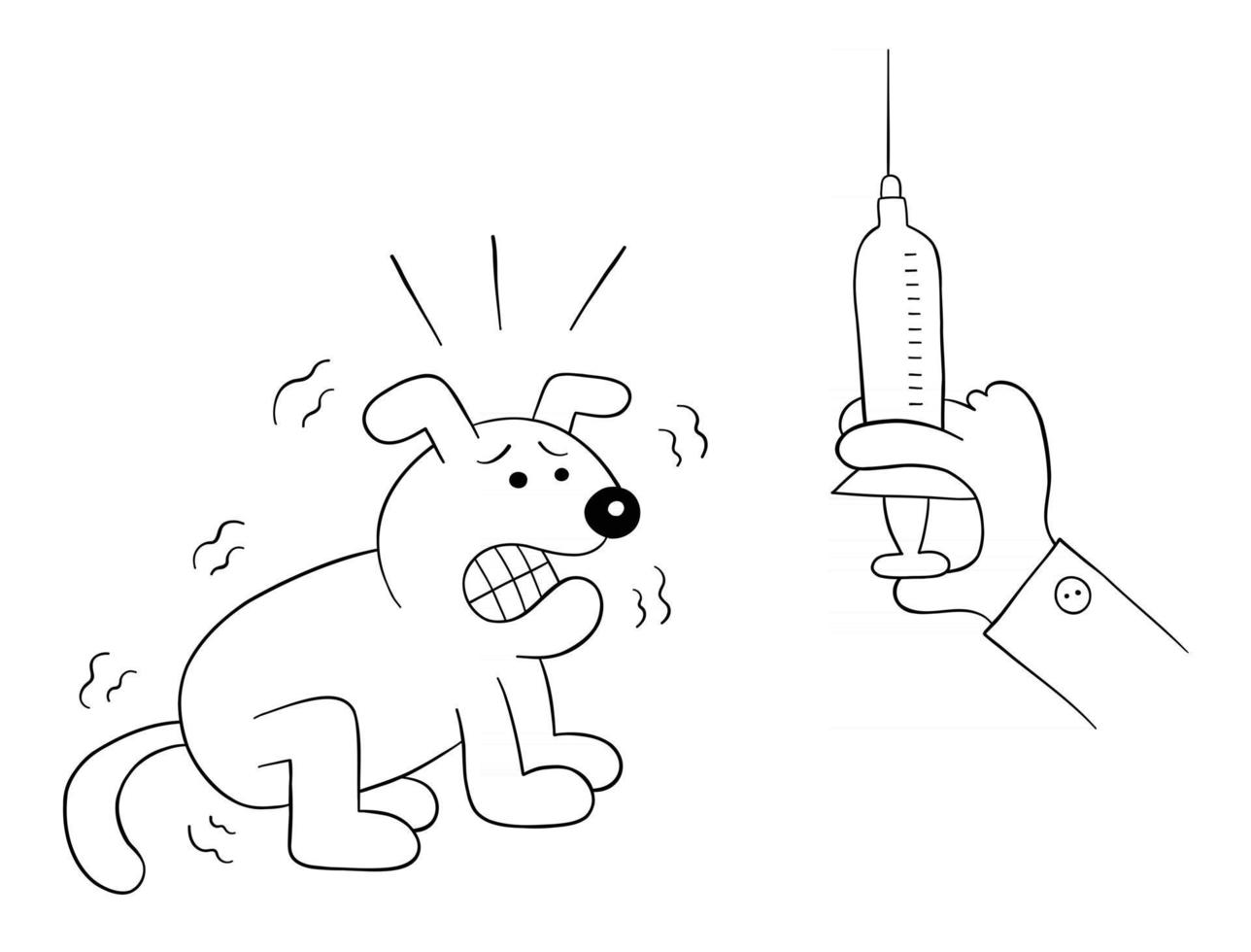 Cartoon dog is scared when it sees the syringe in veterinarian's hand vector