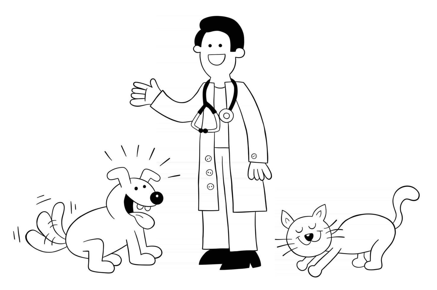 Cartoon the vet is with the cat and dog and they are very happy vector