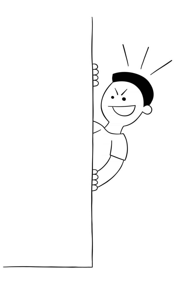 Cartoon sneaky man hiding behind the wall, vector illustration