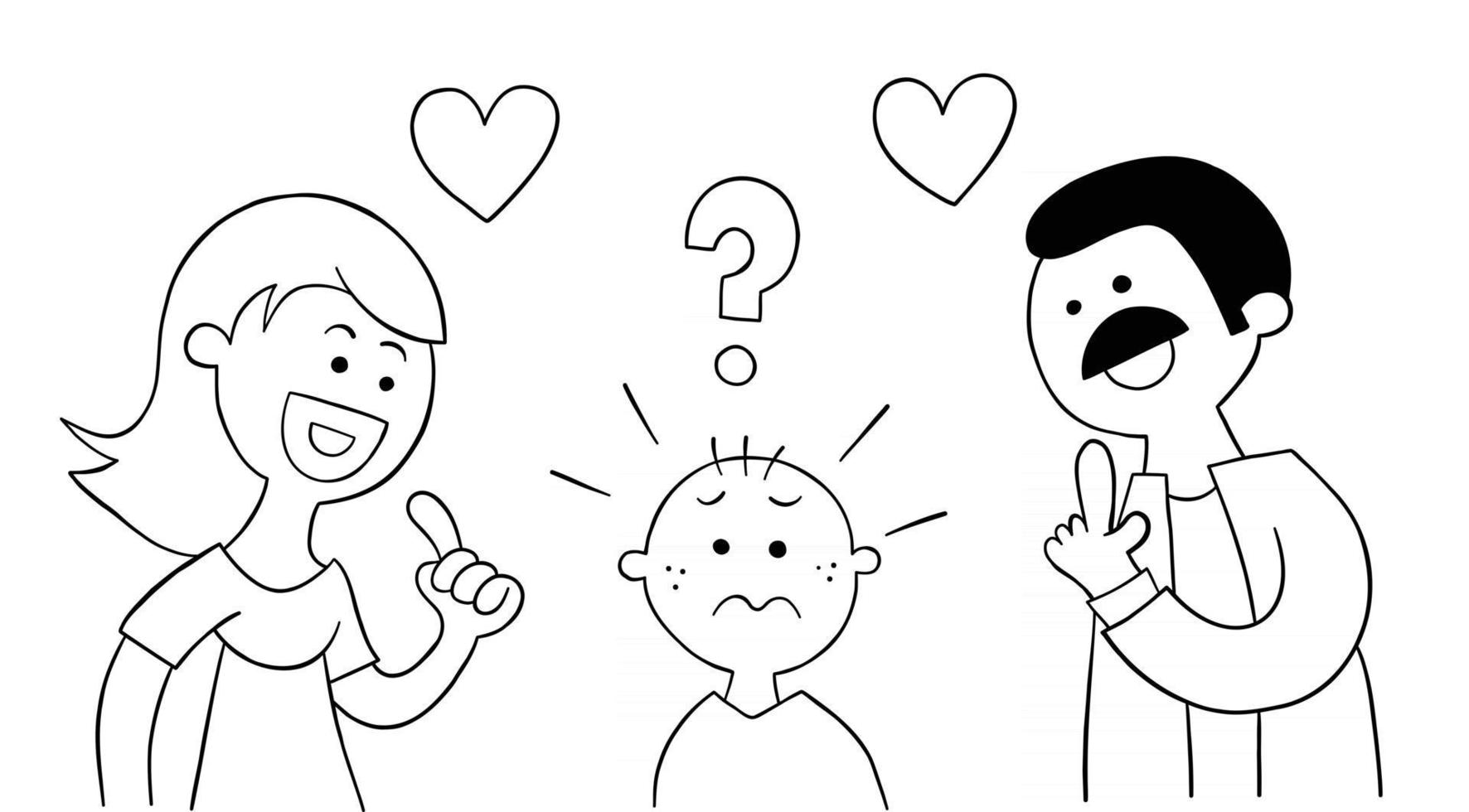 Dibujos Animados De Mama Y Papa Le Preguntan A Su Hijo Cual Le Gusta Mas Vector En Vecteezy