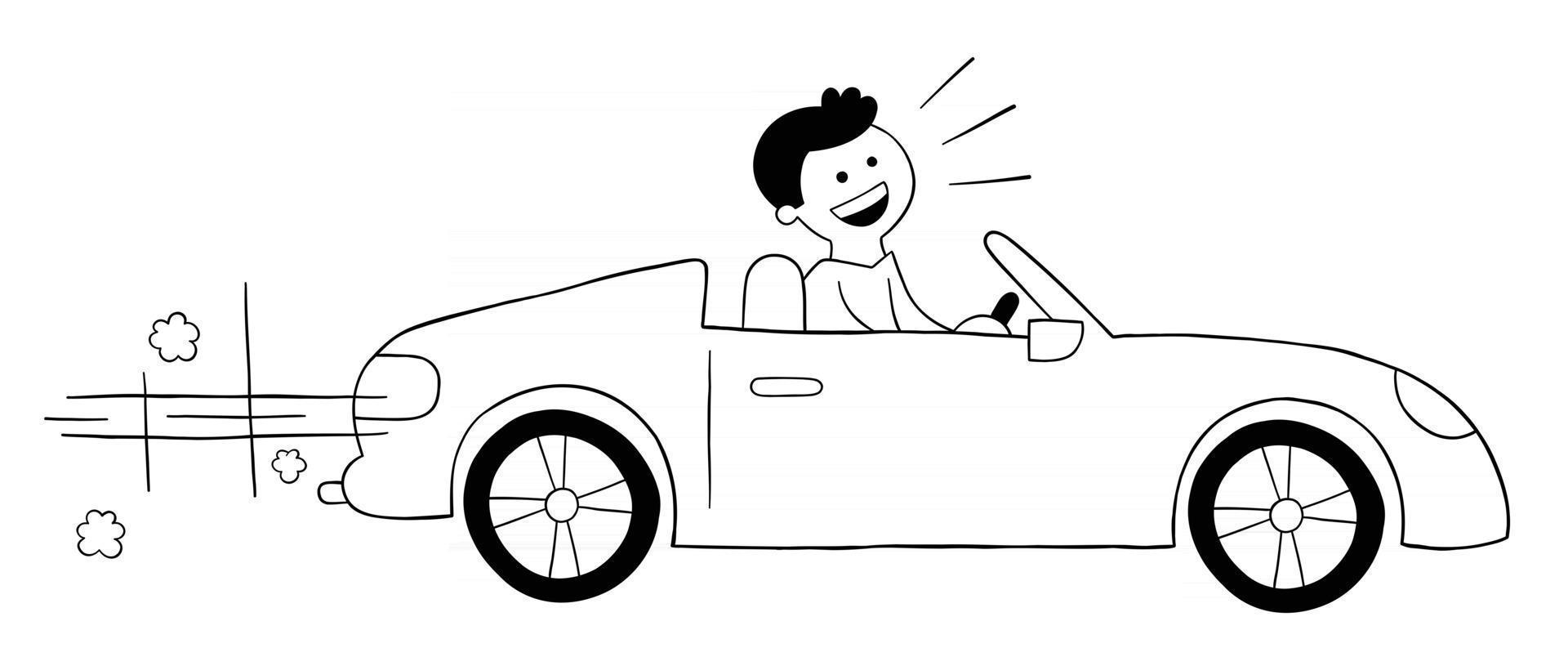 Hombre de dibujos animados conduciendo un coche convertible de lujo, ilustración vectorial vector