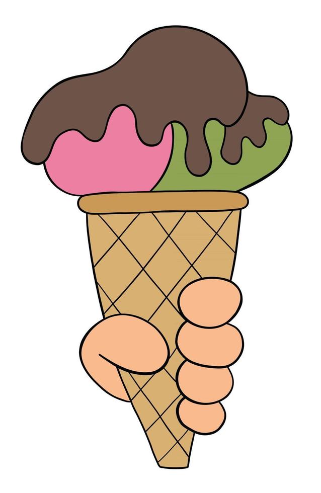 Cartoon holding cone, ice cream and chocolate sauce vector