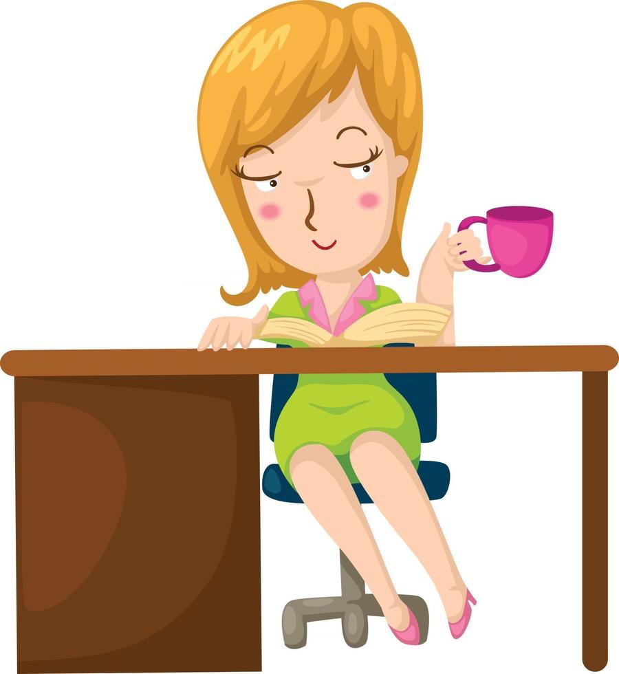 Ilustración de una niña tomando café y leyendo un libro vector