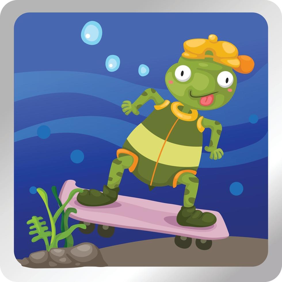 Ilustración de un juego de tortugas en patineta fondo submarino vector