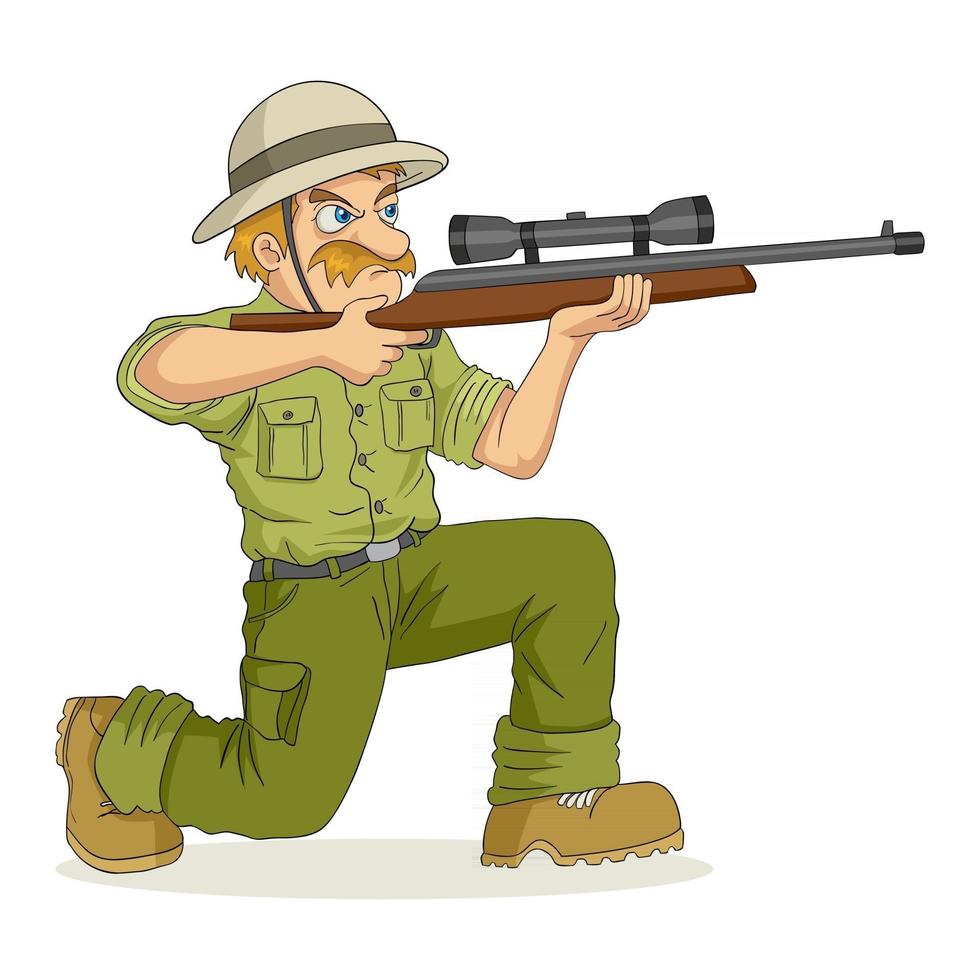 Ilustración de dibujos animados de un cazador apuntando con un rifle vector