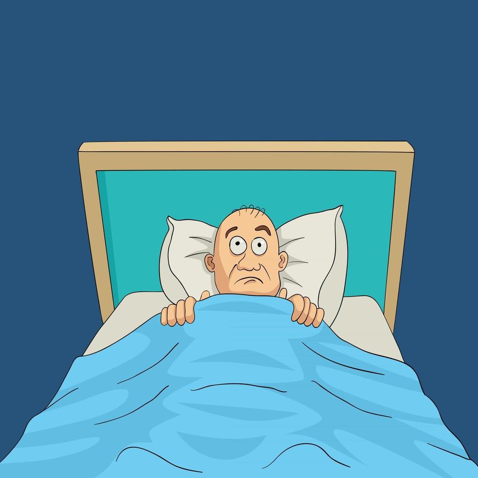 hombre en la cama con los ojos bien abiertos dibujos animados vector
