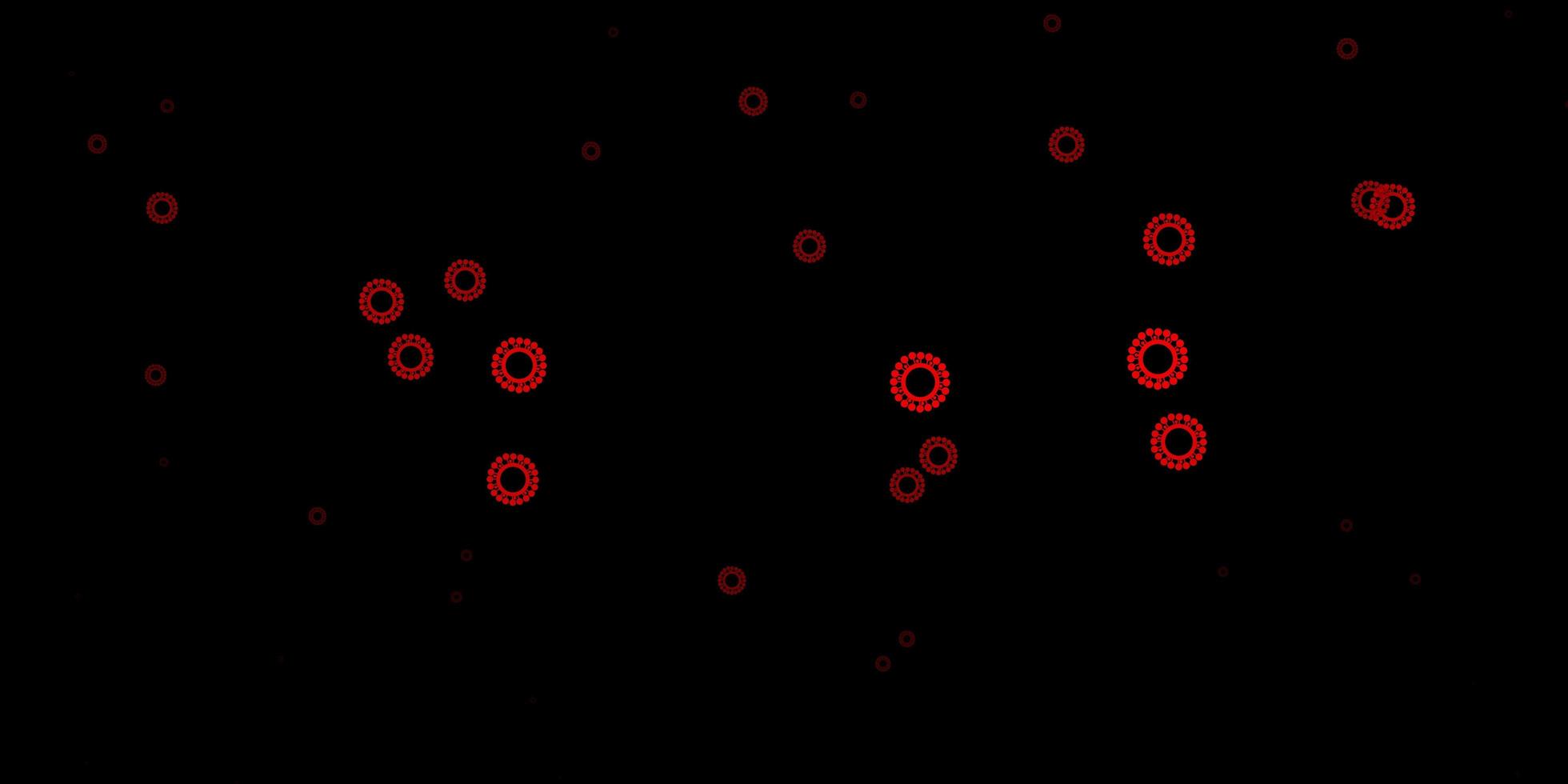 Fondo de vector rojo oscuro, amarillo con símbolos covid-19.