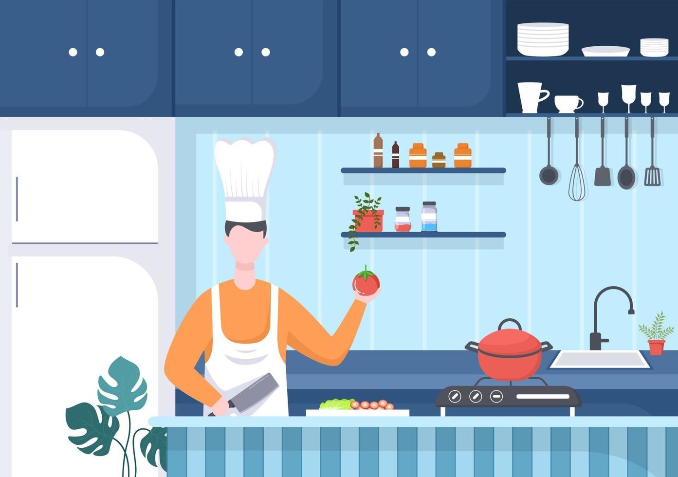 Chef Is Cooking In The Kitchen Background vector