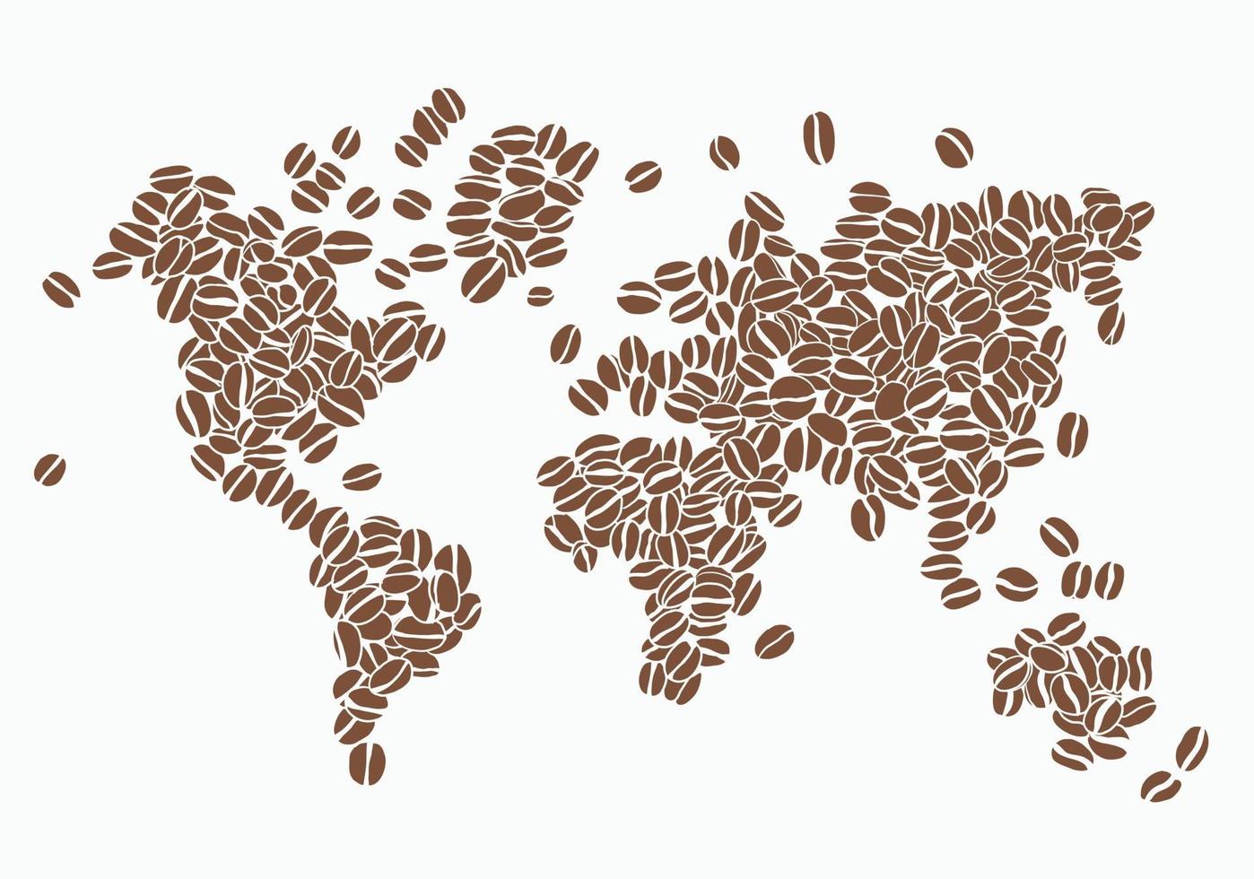 el dibujo a mano alzada del grano de café se organiza en el mapa del mundo. vector