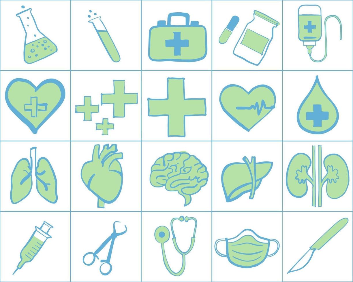 Freehand drawing of collection of medical icons. Vector illustration.