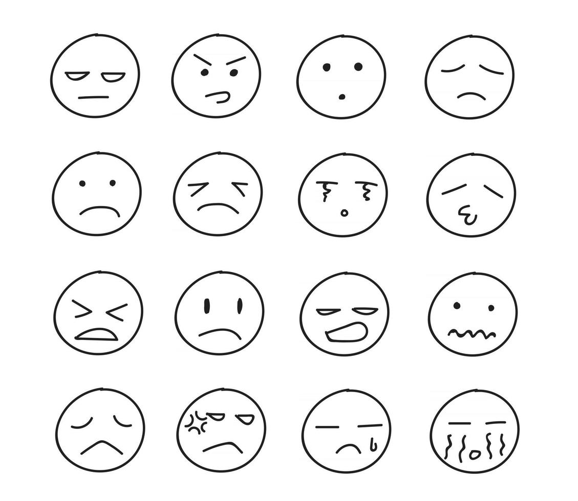 colección de dibujos a mano alzada de emoticonos infelices vector