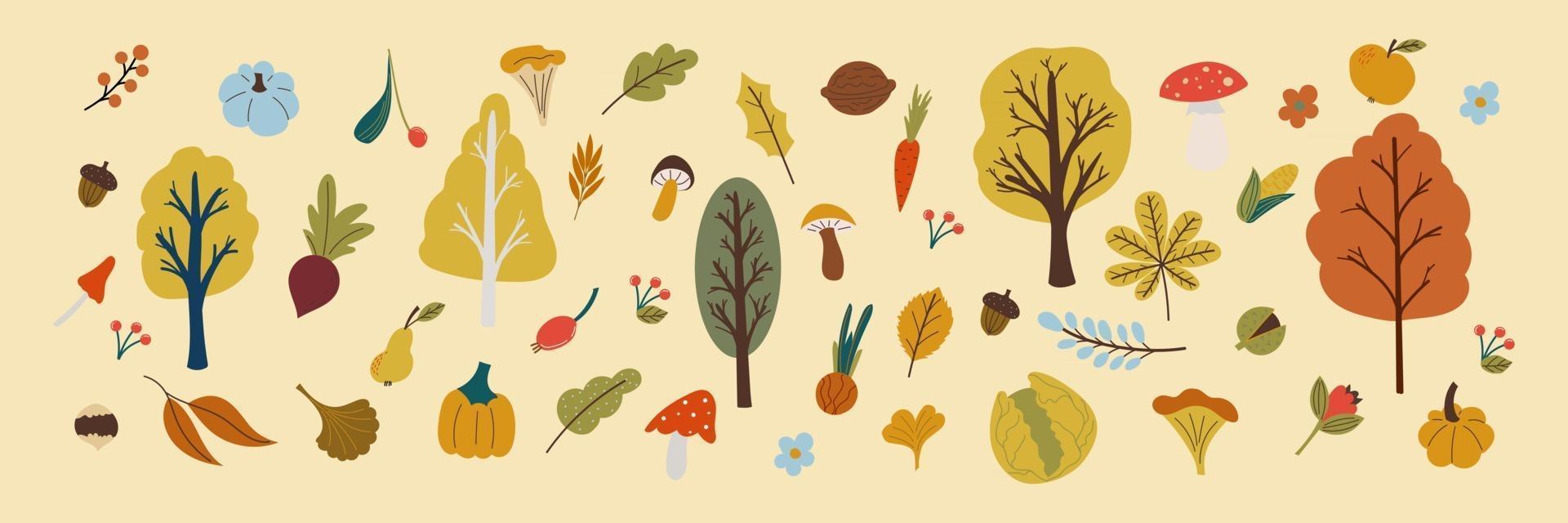 autumn leaves , mushroom, vegetables in flat style vector