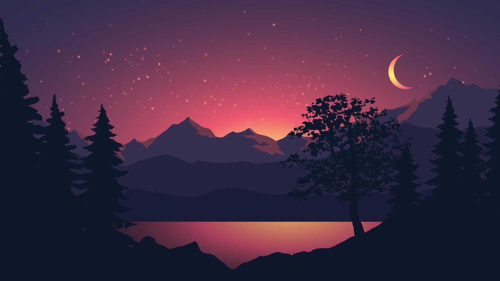 hermoso paisaje nocturno con montaña y lago vector