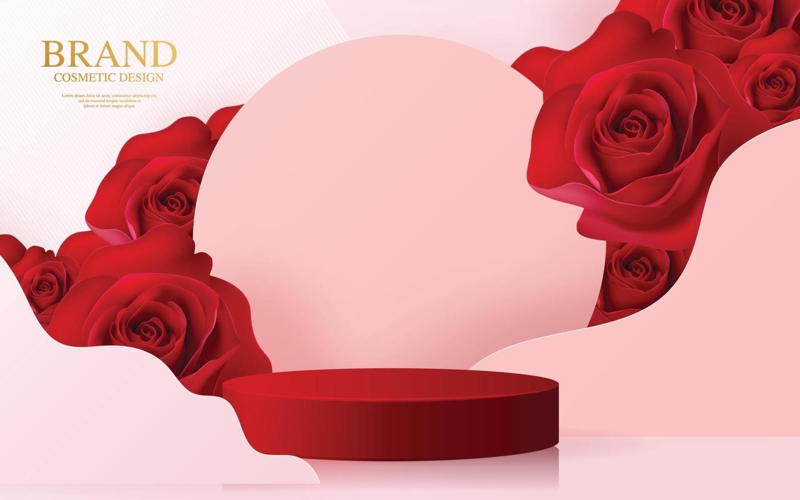 3d podium red rose background. vector
