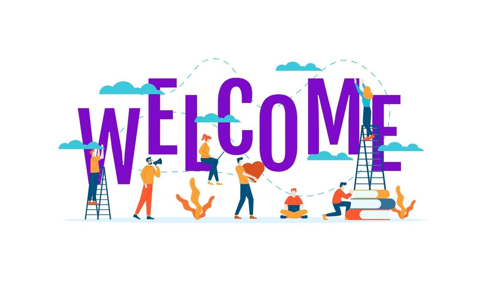 Welcome big word with small people vector
