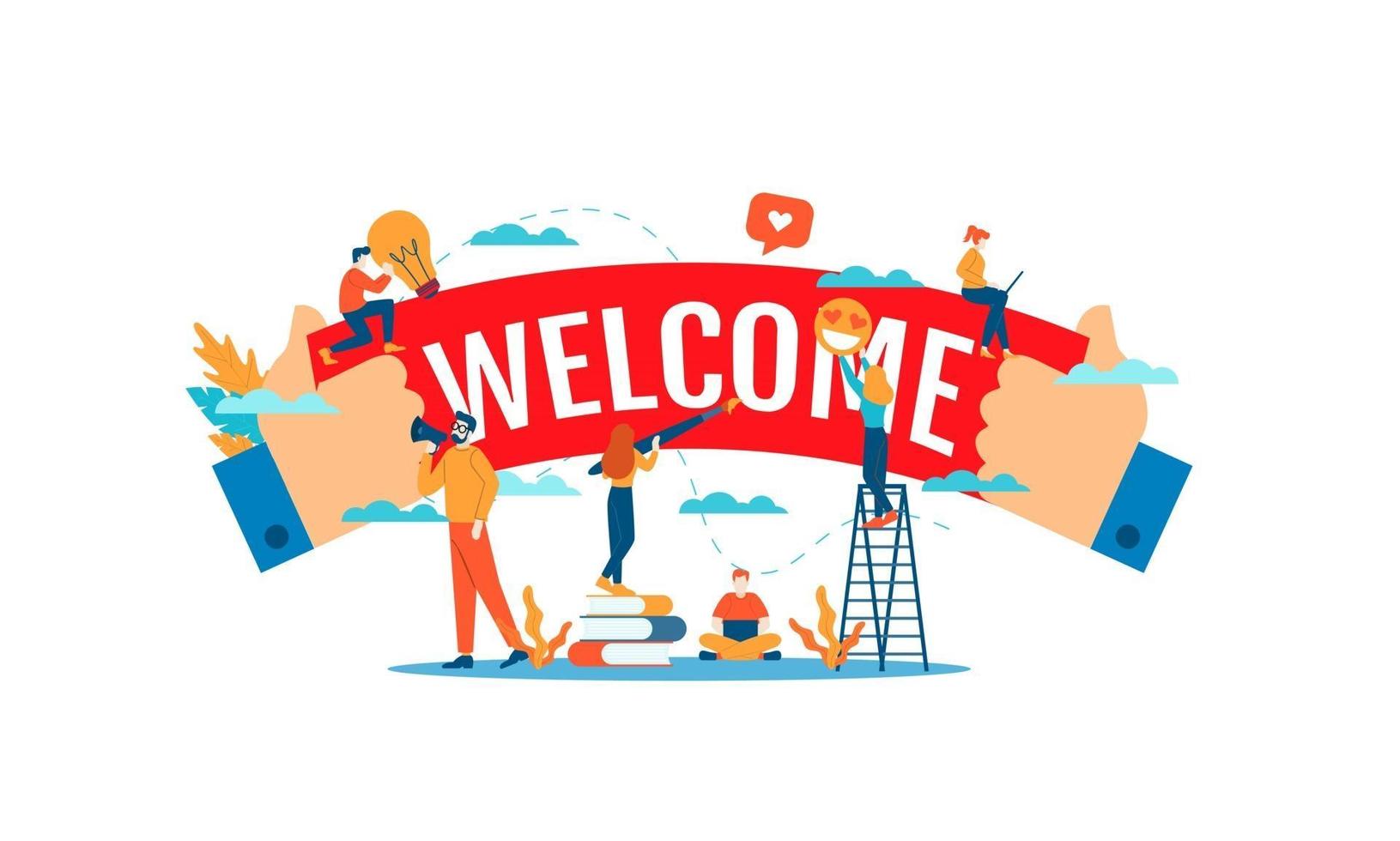 Welcome big word with small people vector