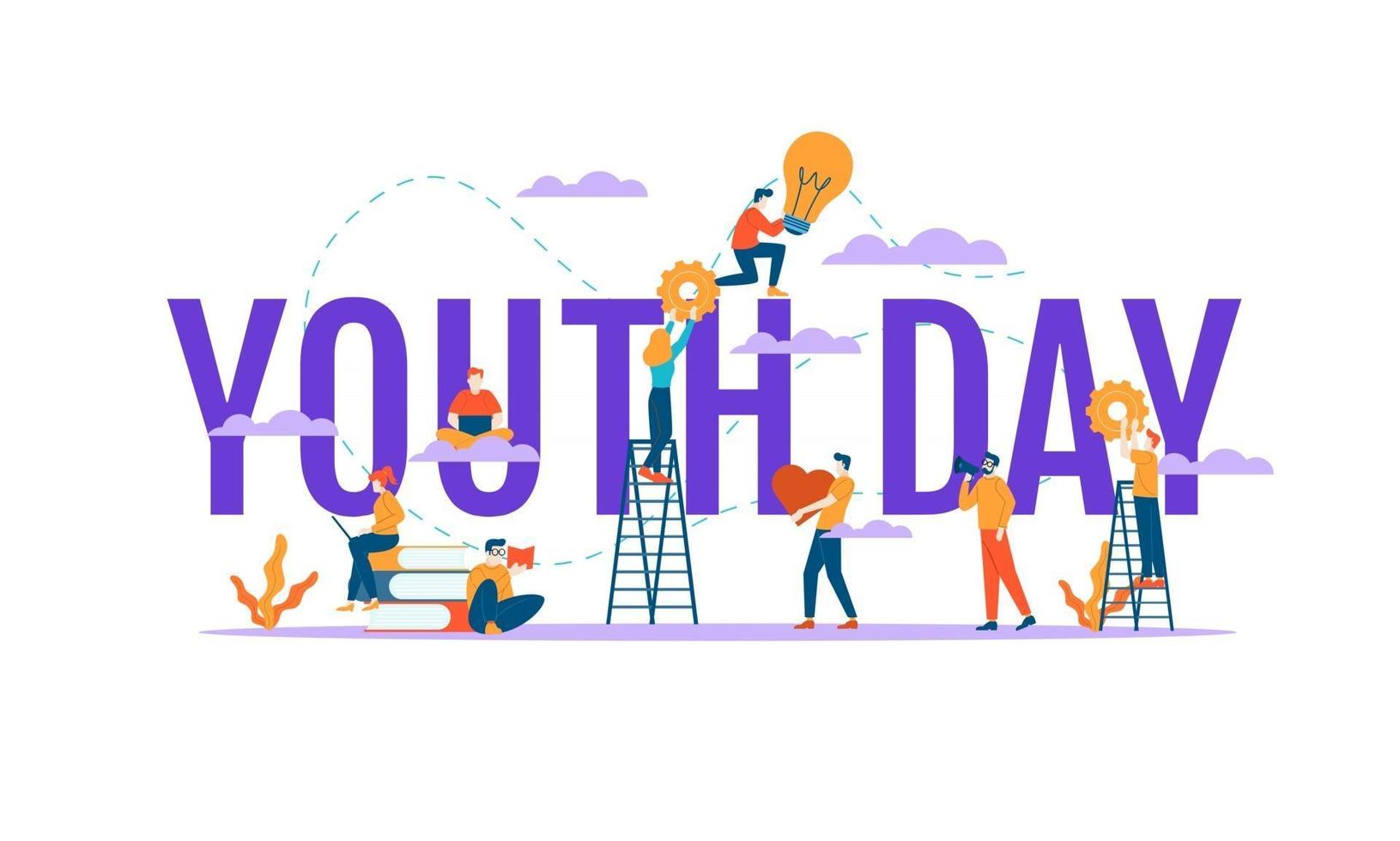 happy youth day big word with small people vector