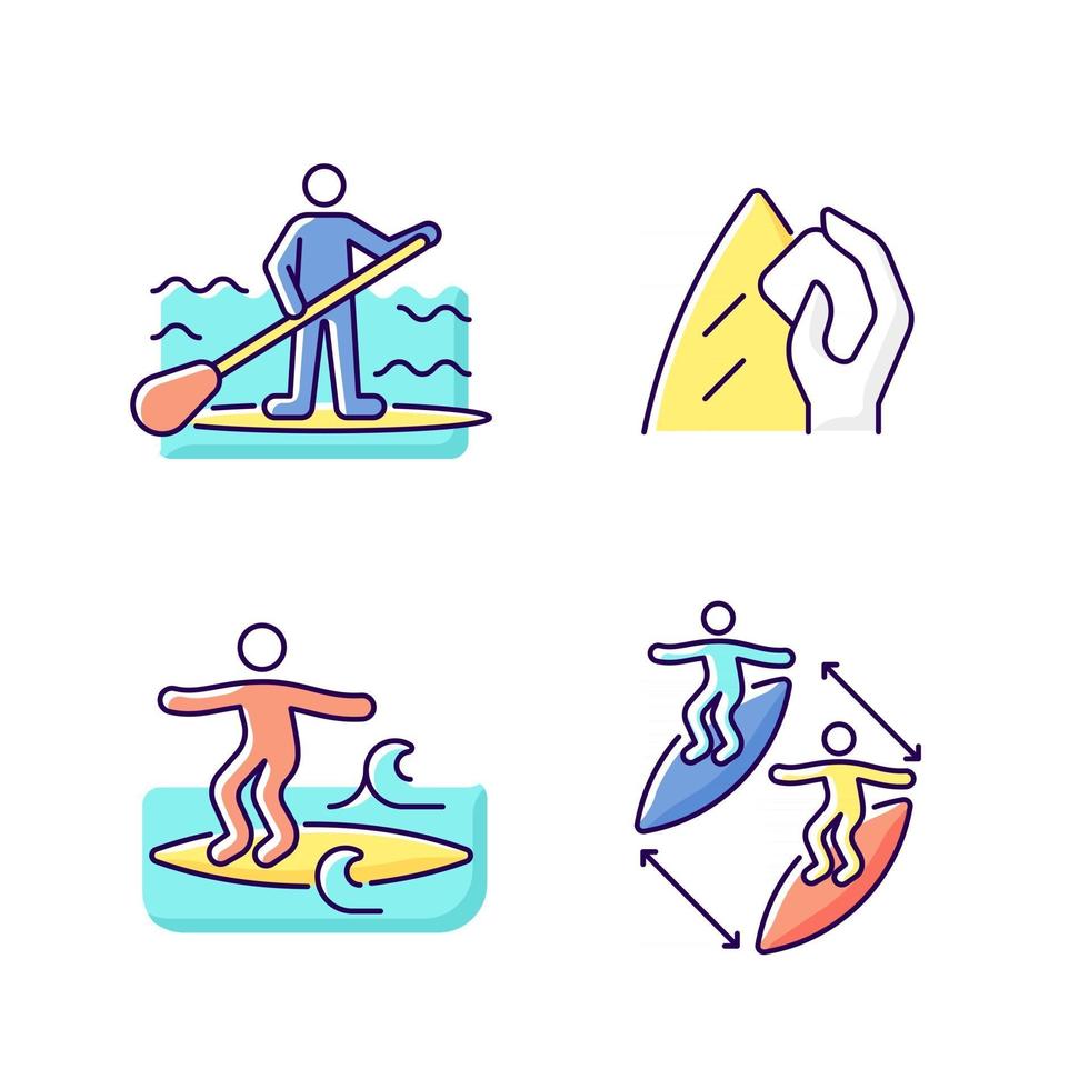 Riding waves in ocean RGB color icons set vector
