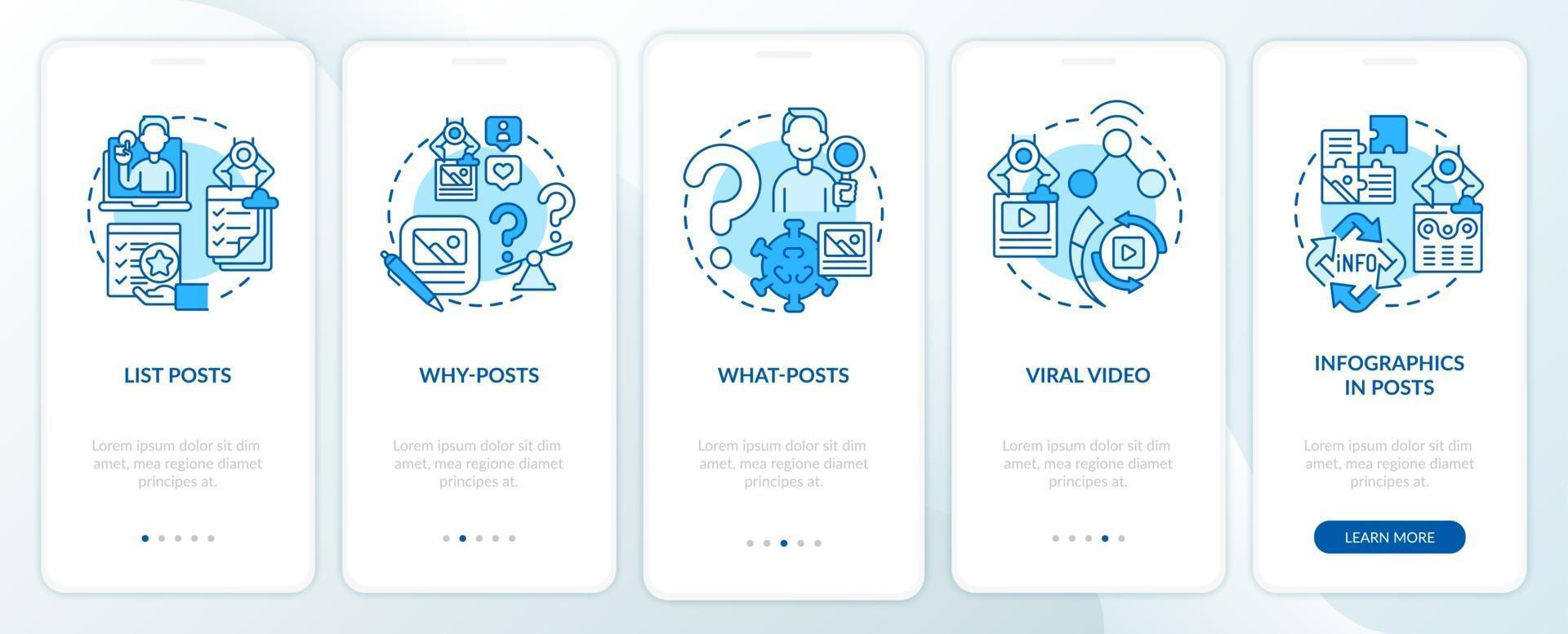 Top buzzworthy posts types onboarding mobile app page screen vector