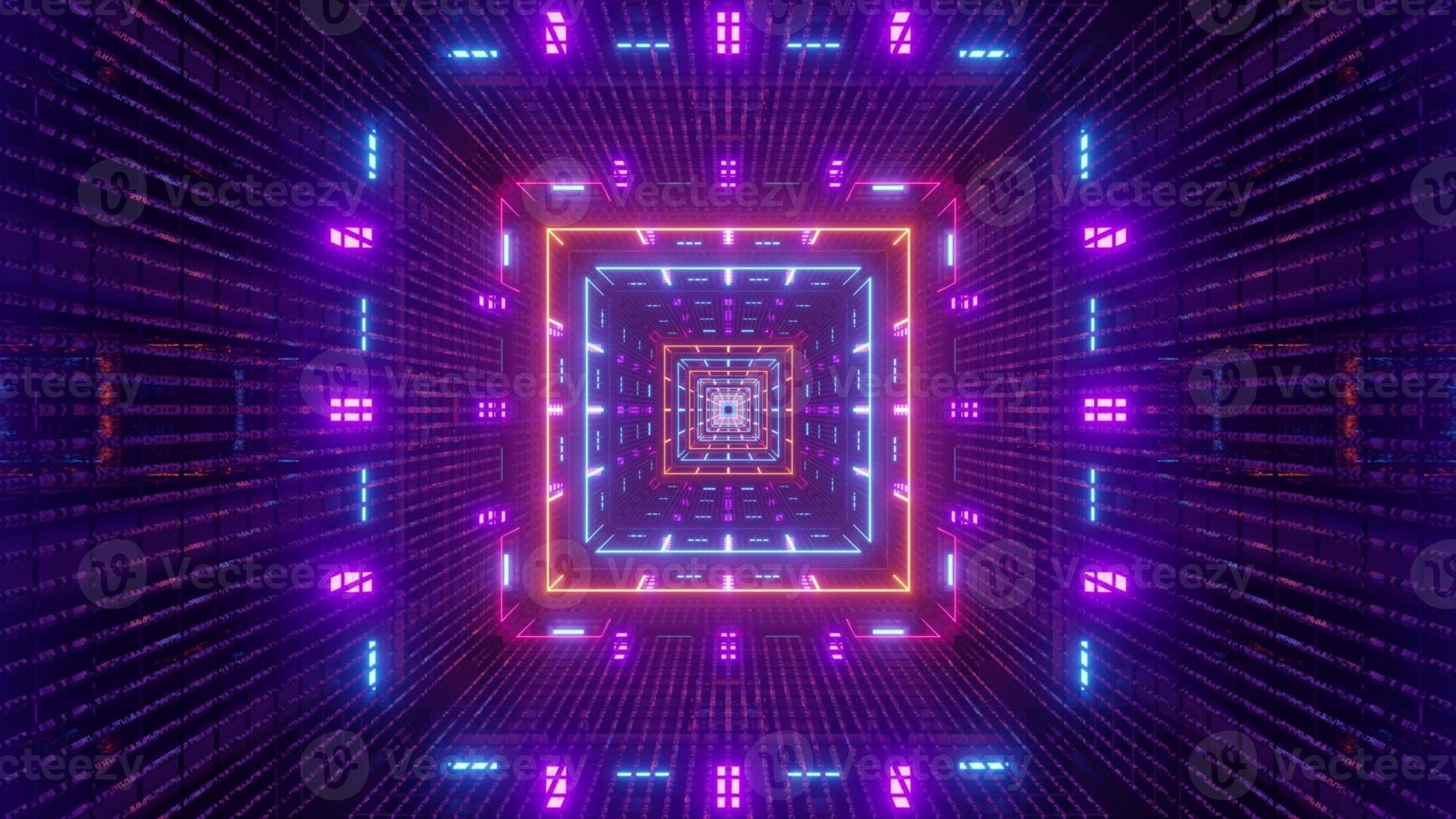 4K UHD 3D illustration of square tunnel with symmetric neon illumination photo