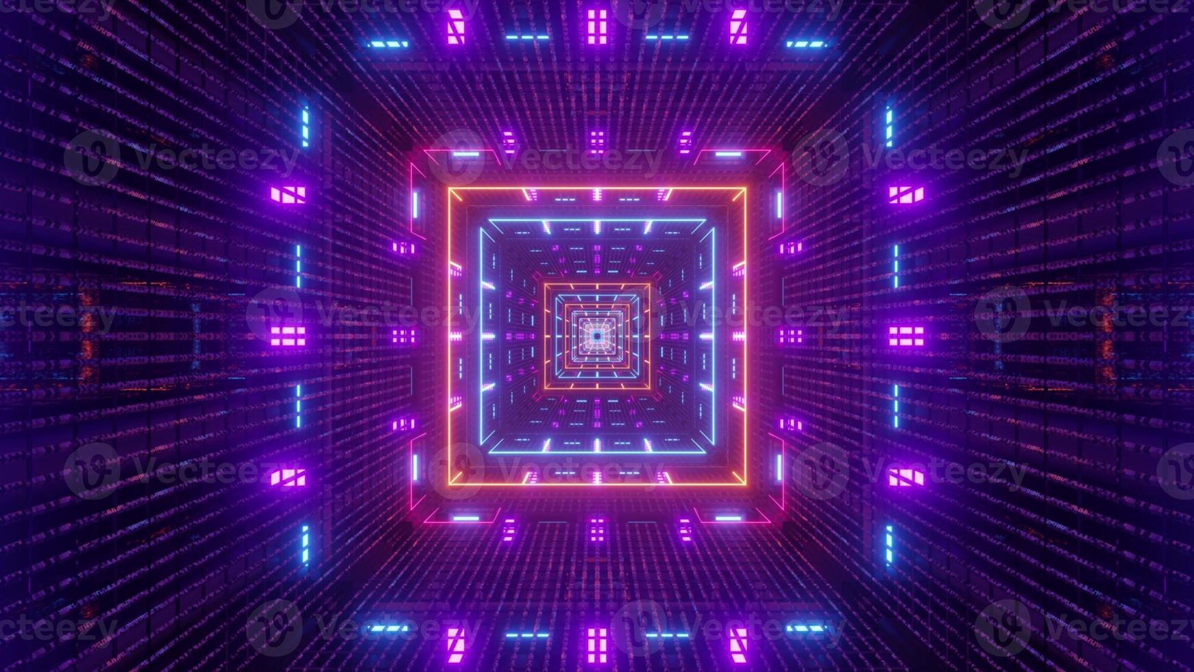 4K UHD 3D illustration of square tunnel with symmetric neon illumination photo