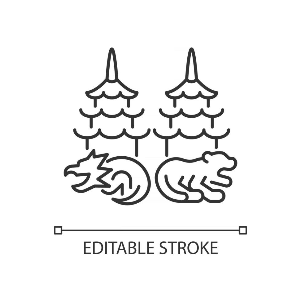 Dragon and tiger pagodas linear icon vector