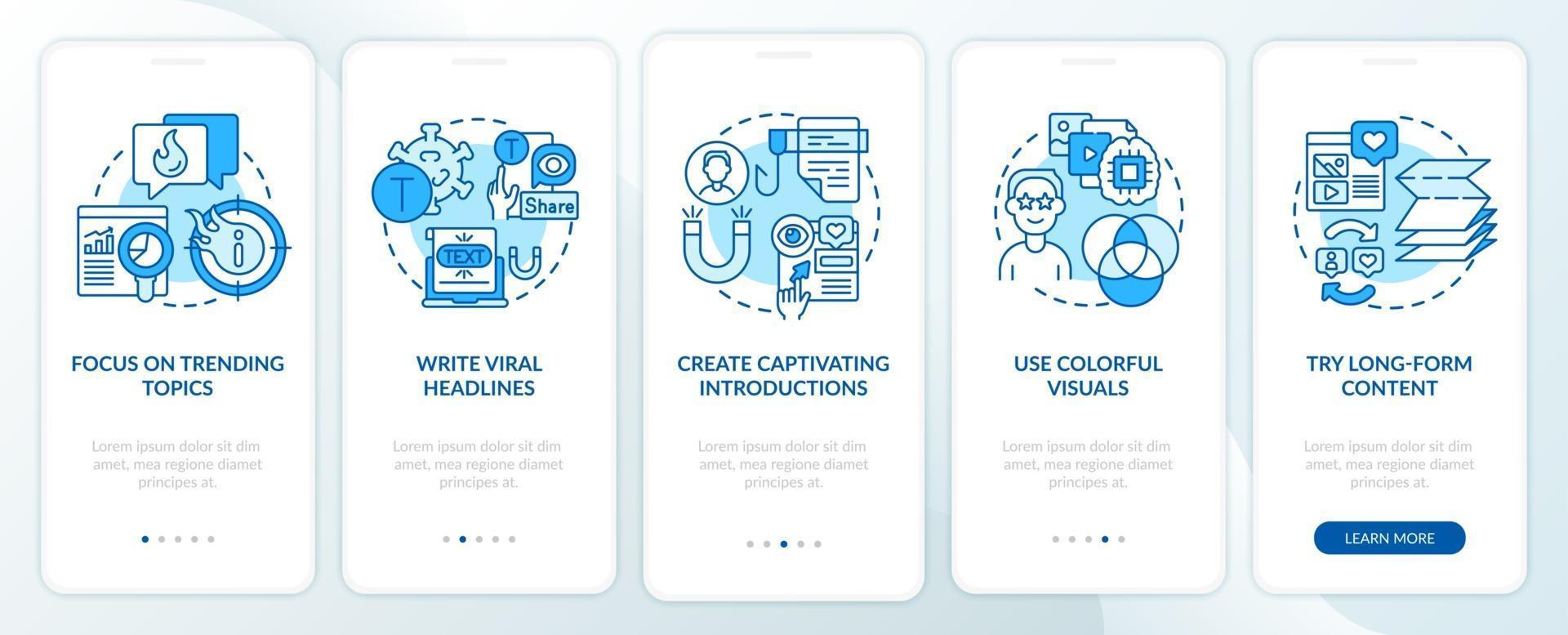 Buzzworthy content creation tips onboarding mobile app page screen vector