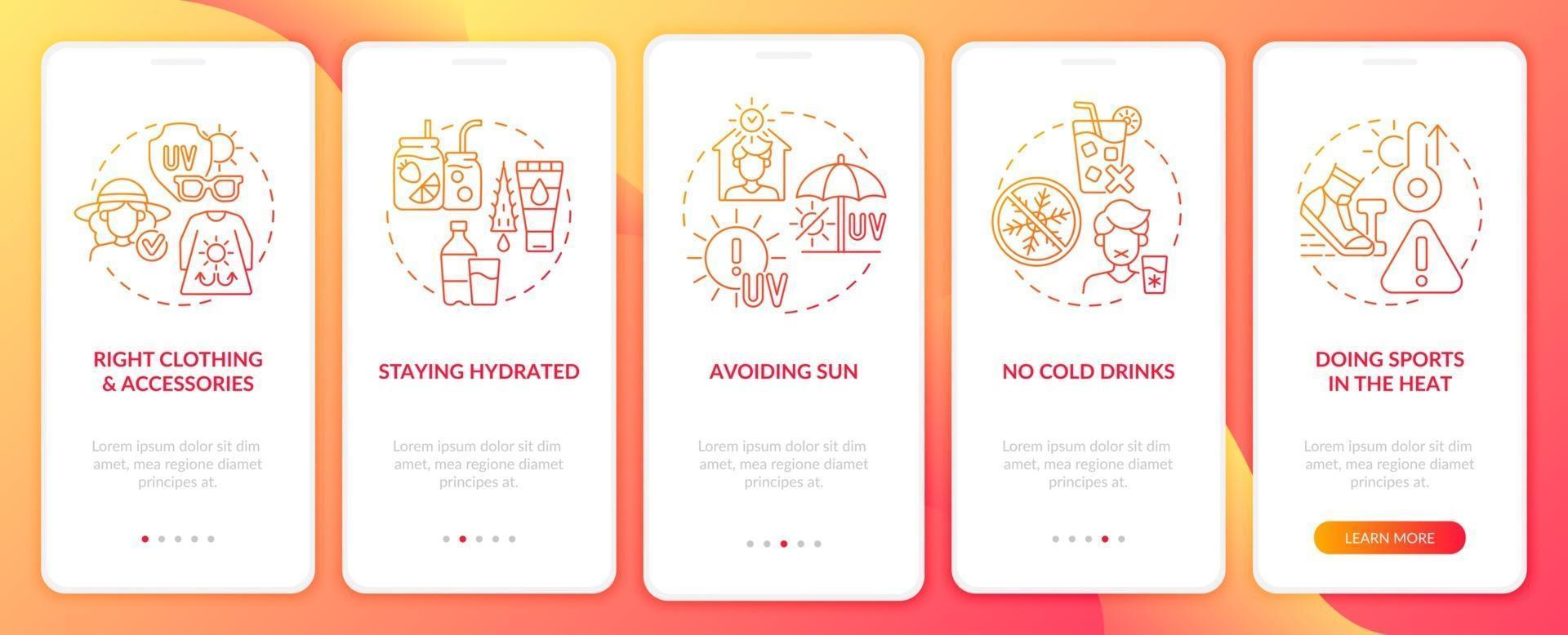 Heat exhaustion prevention onboarding mobile app page screen vector