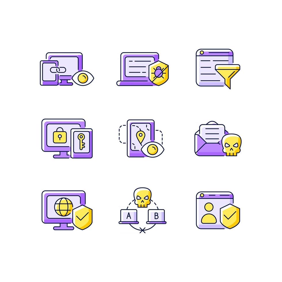 Internet surveillance purple RGB color icons set vector
