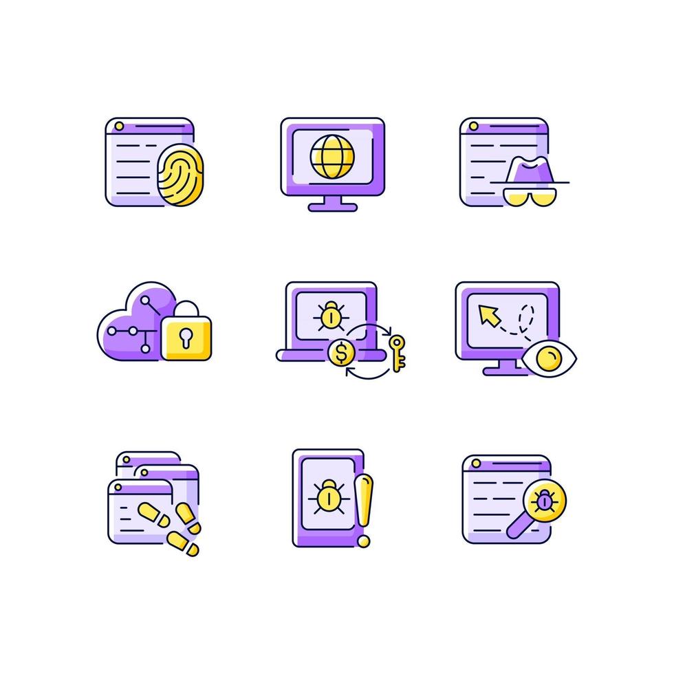 Monitoreo del comportamiento en línea conjunto de iconos de color púrpura rgb vector