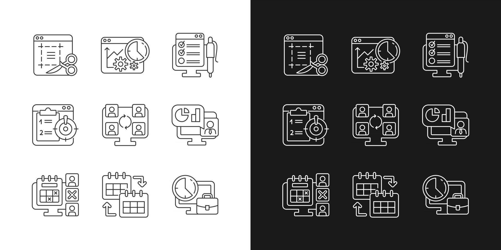 Work monitoring tools linear icons set for dark and light mode vector