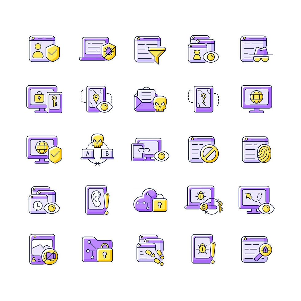 Online surveillance and censorship purple RGB color icons set vector