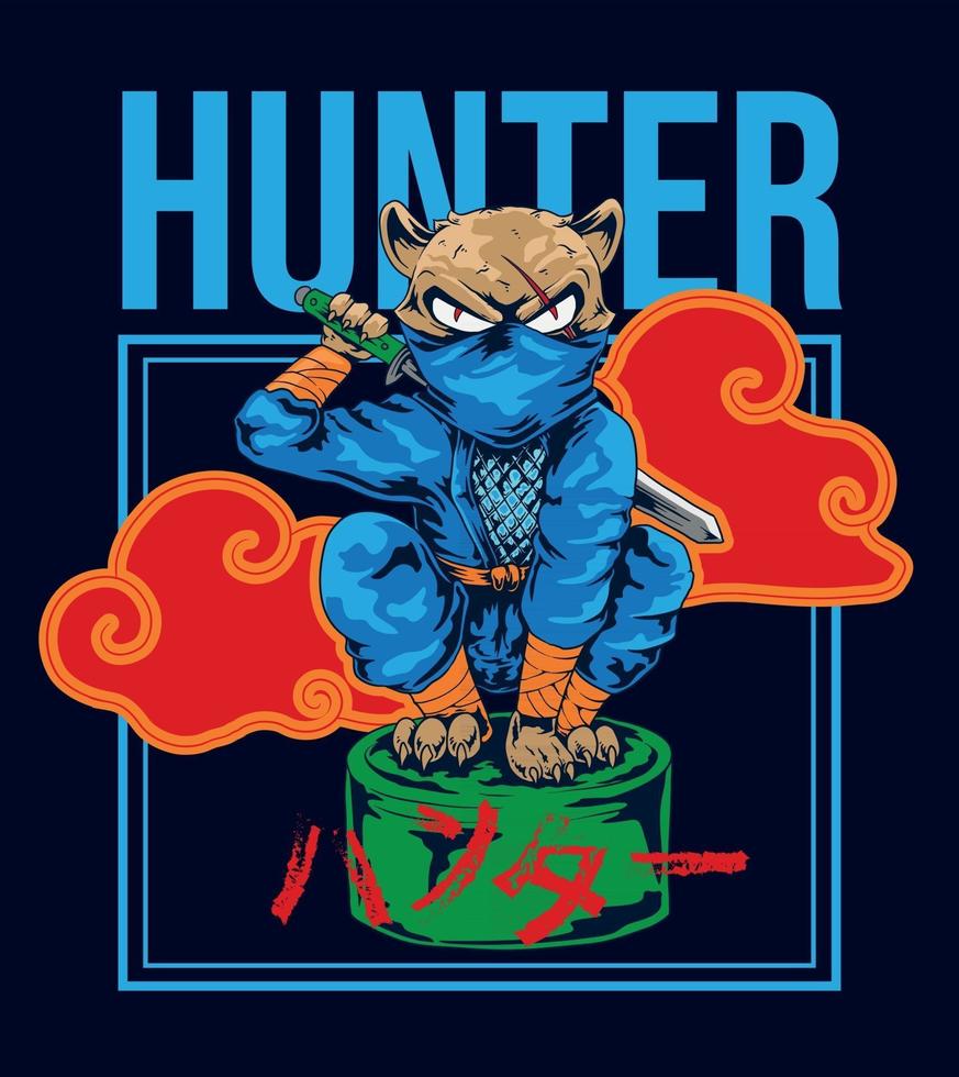 Ninja Hunter, Cat Character in Japanese illustration style vector