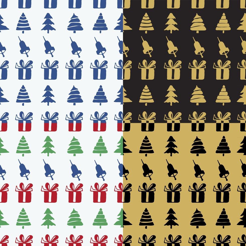 Set Seamless patterns bells, boxes and fir-trees vector