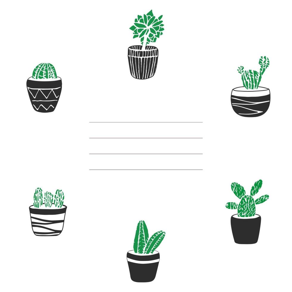 Tarjeta y cubierta con cactus dibujados a mano lindo vector en macetas para diseño