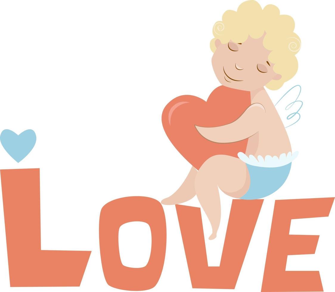 Vector illustration lettering Love with sitting cupid and heart