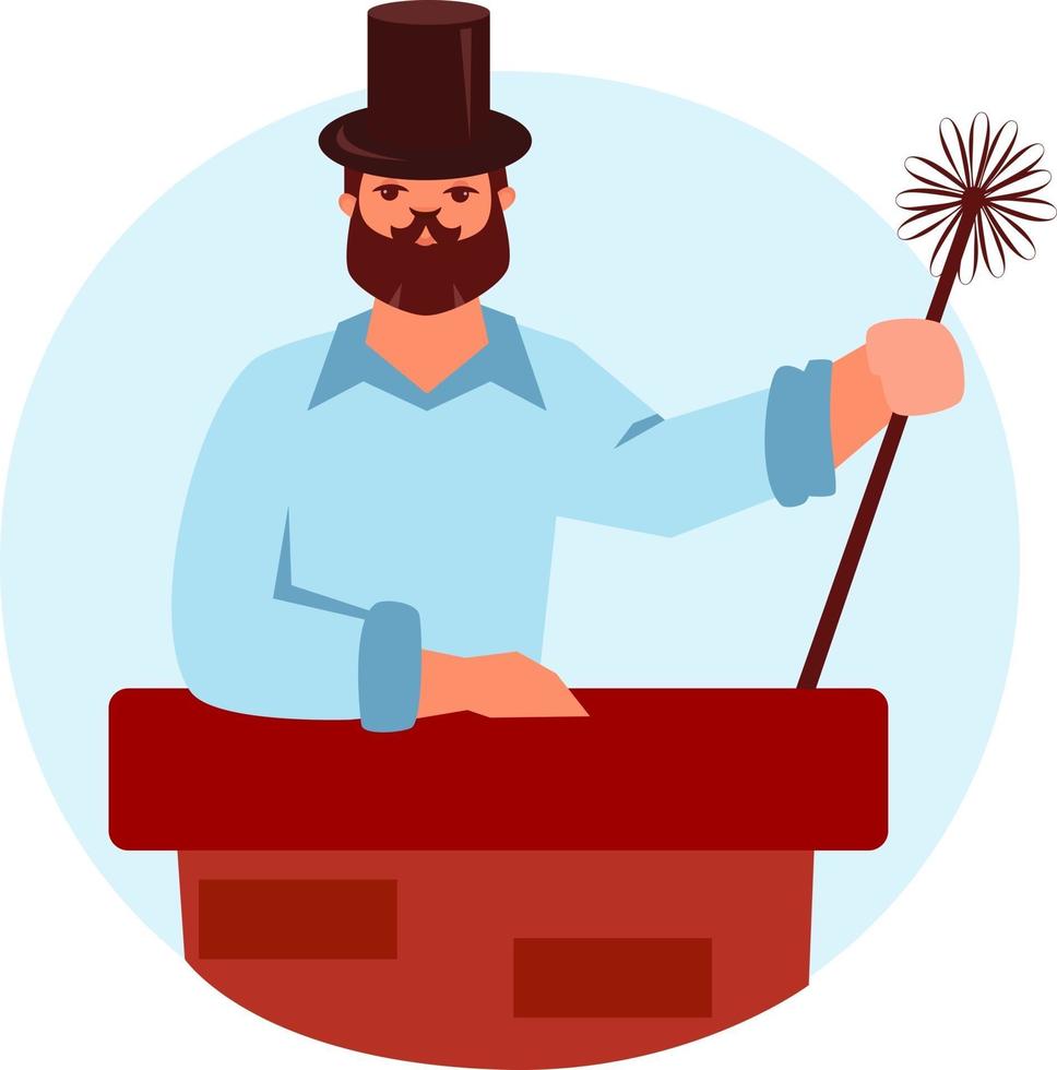 Vector illustration of house cleaning. Chimney sweep on the roof
