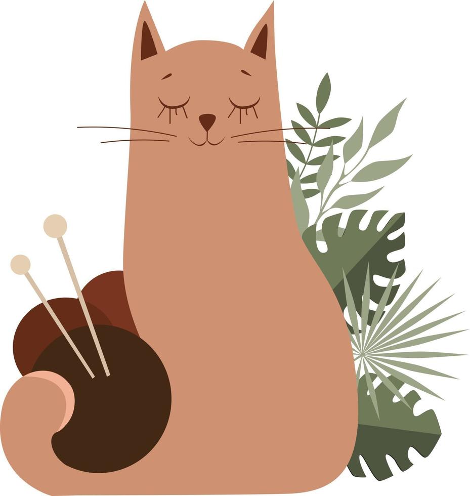 Ilustración vectorial de un gato con ovillos de hilo para tejer vector