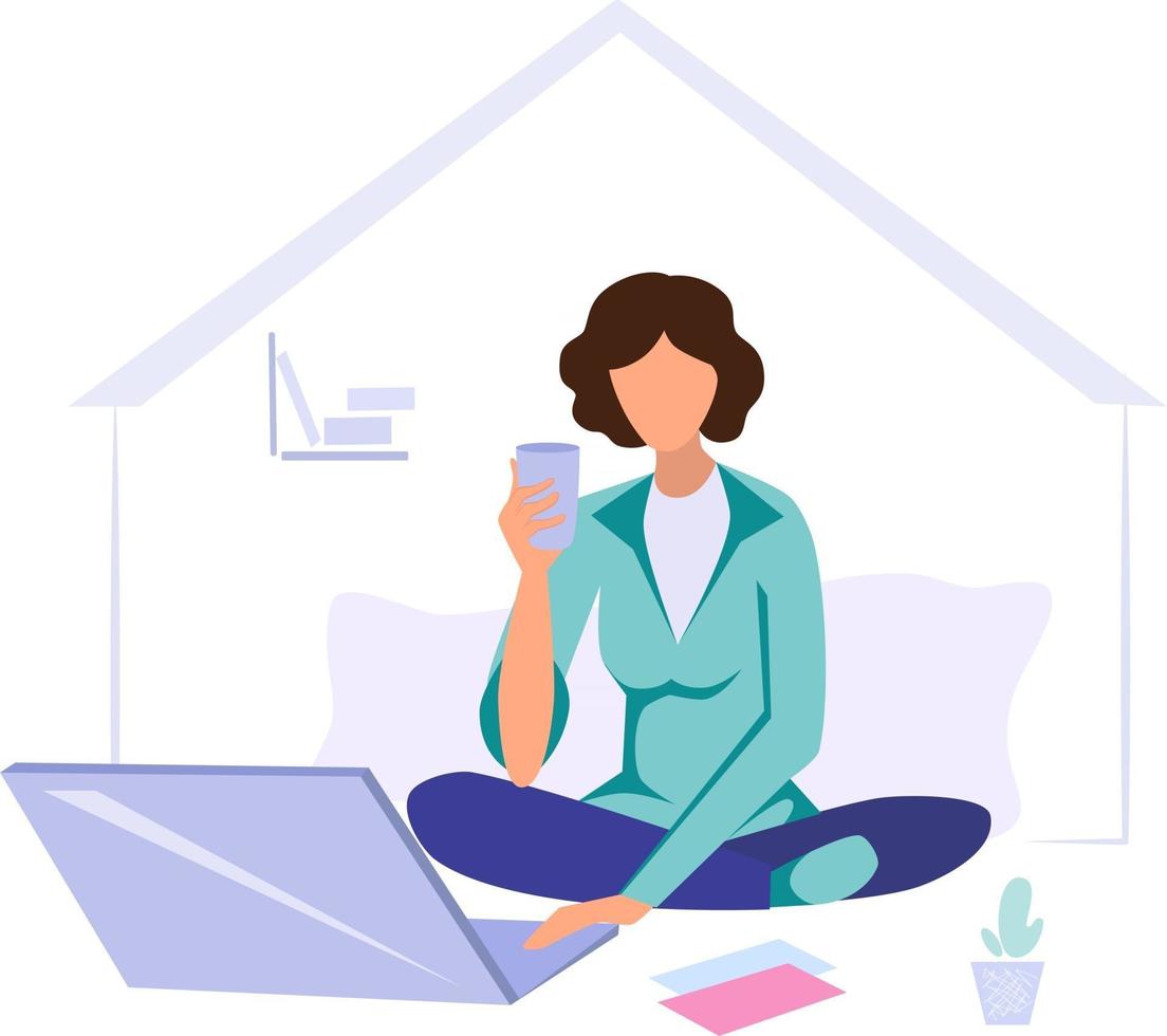 girl working from home at a laptop vector