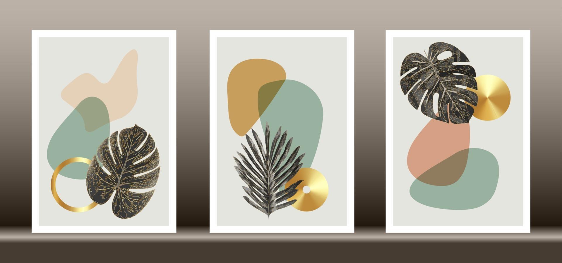 Botanical wall art vector set. Golden foliage line art