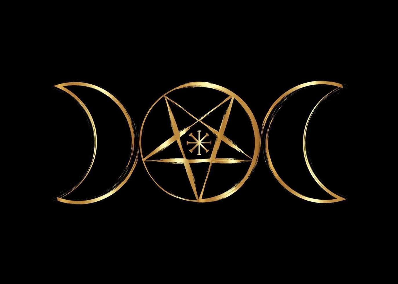 Triple Moon Goddess Wicca Pentacle symbol, golden witchcraft icon vector